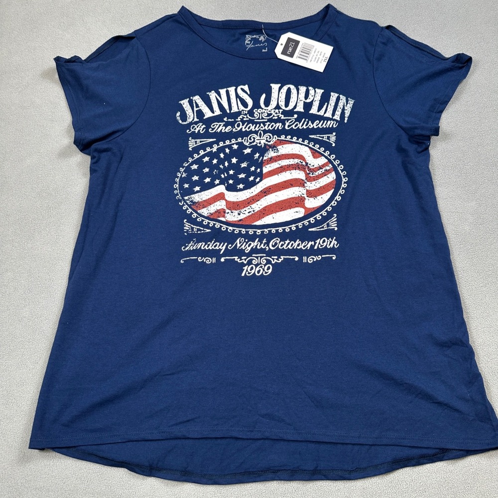 Janis Joplin Concert Shirt 2XL Blue Womens American Flag Concert Slit Tee Top